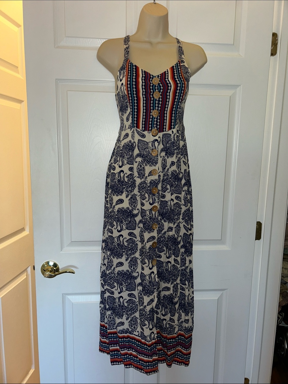 Boho Striped and Paisley Print Maxi Dress - Navy & Cream